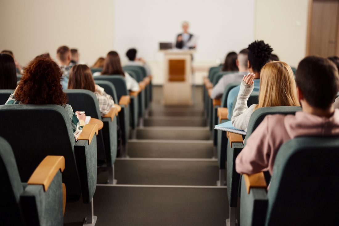 Rückansicht der großen Gruppe von Schülern einer Klasse am Hörsaal