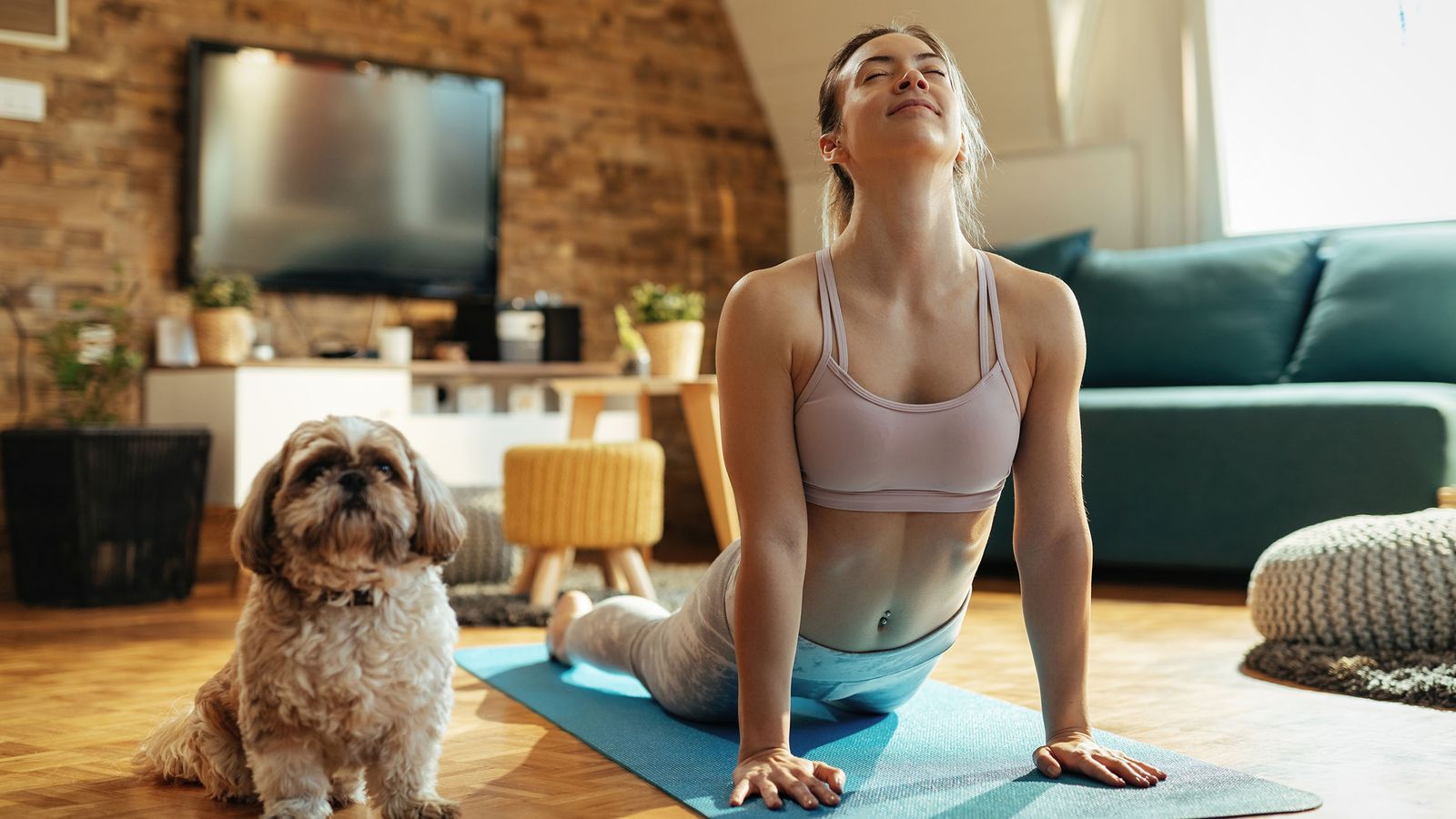 Frau mit Hund üben Yoga