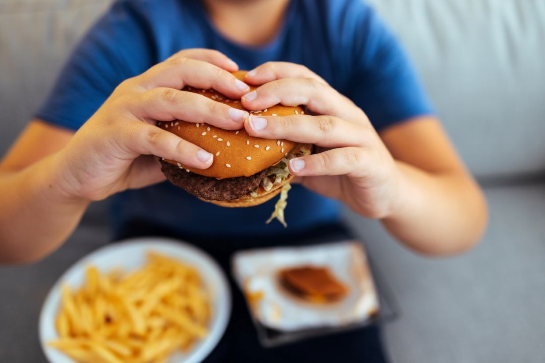 Übergewichtiges Kind isst einen Burger