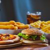Hamburger, Pizza, French fries, coke and all unhealthy junk fast food