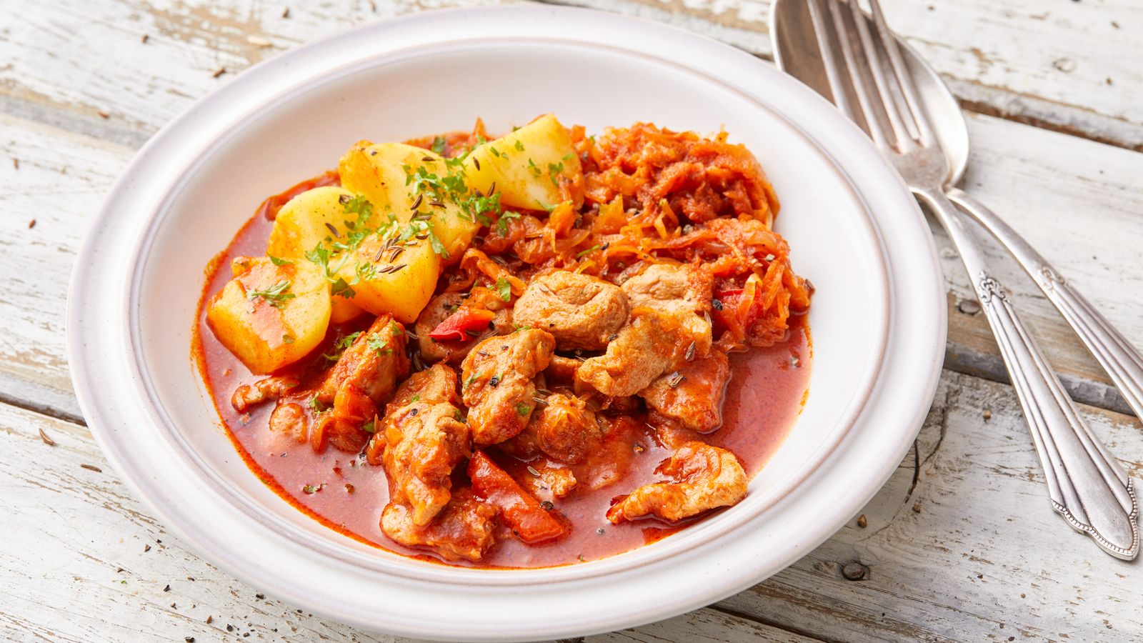Gulasch Szegediner Art auf einem weissen Teller
