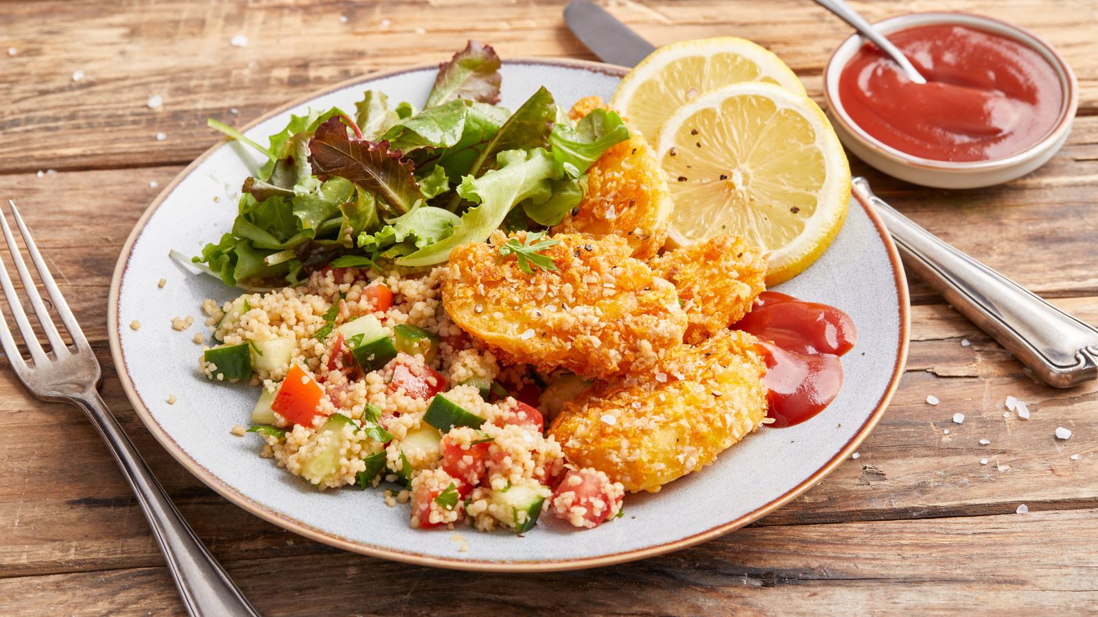Panierte Kartoffelschnitzel mit Couscous-Salat