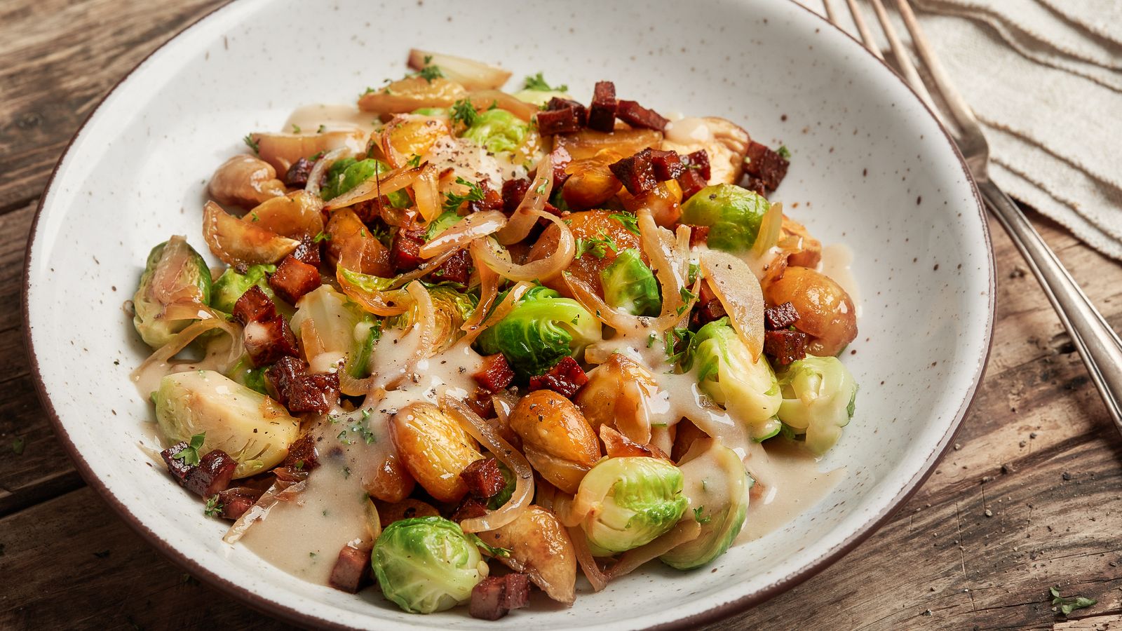 Kastanien und Rosenkohl überbacken