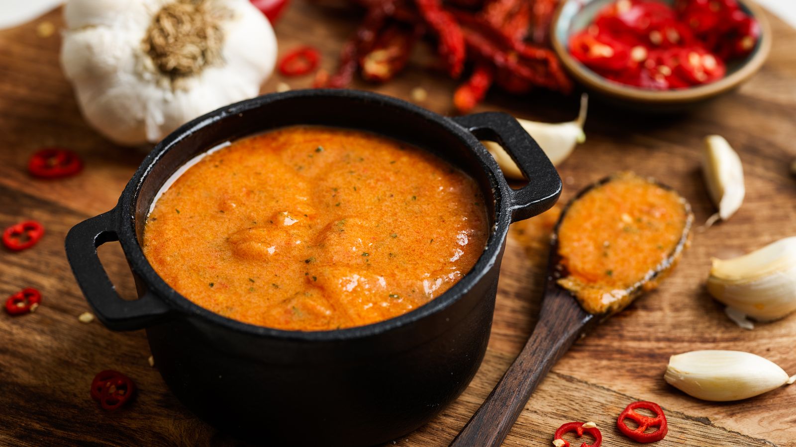Mojo-Sauce in einer schwarzen Pfanne auf einem Holzbrett serviert