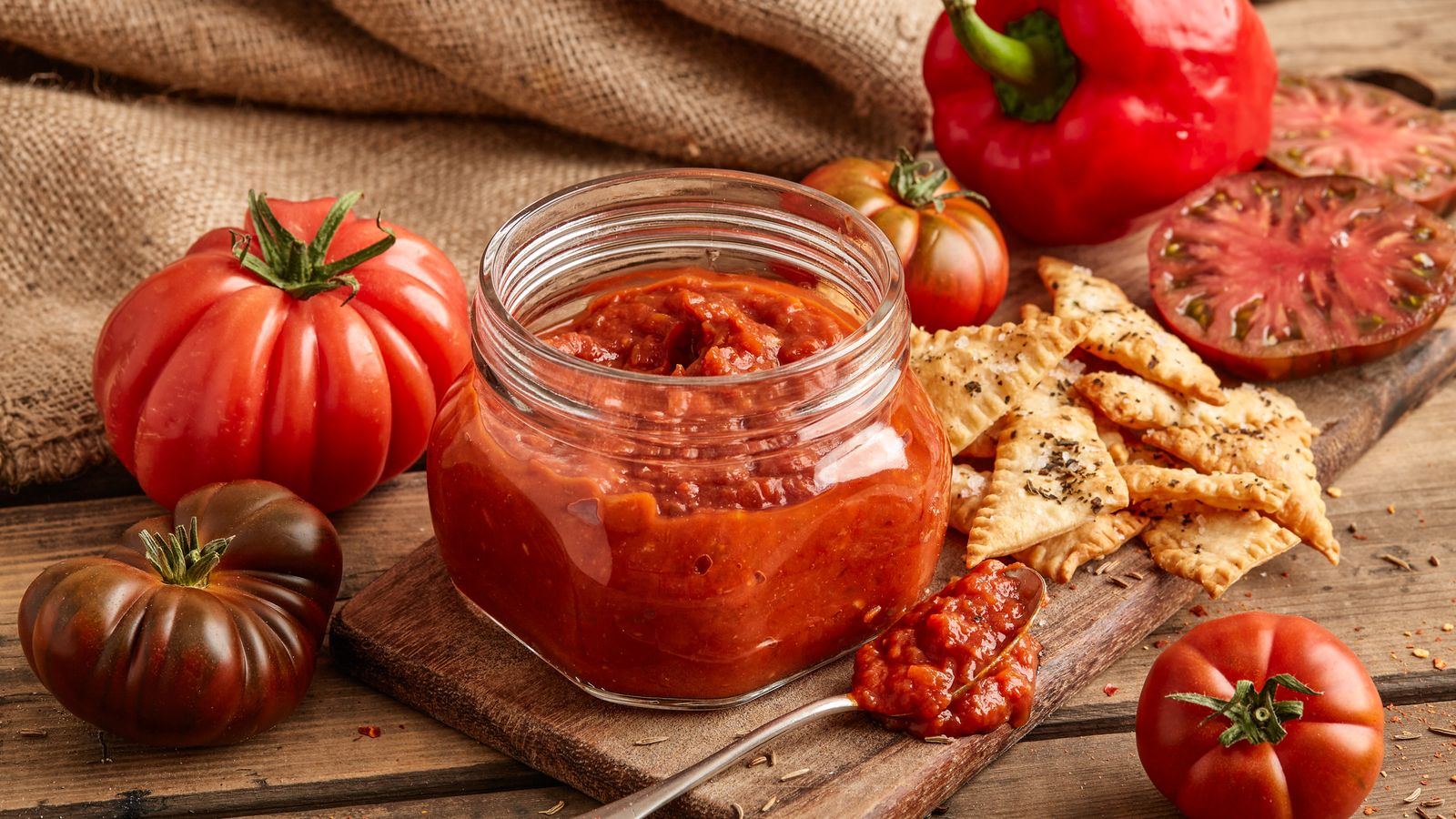 Tomaten-Relish in einem Glas auf einem Holzbrett